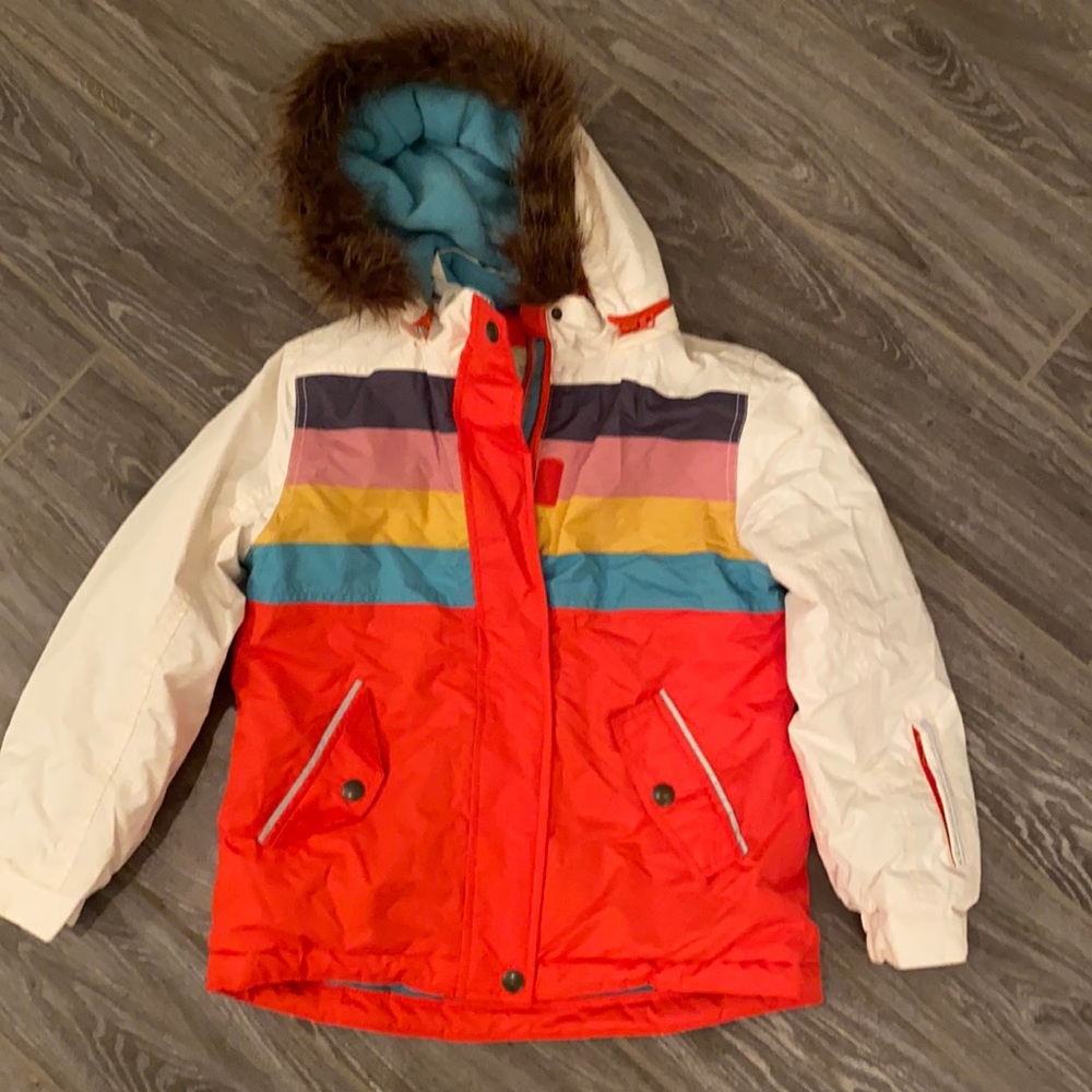 Mini boden girls puffer coat striped removable hood 9 10 winter jacket